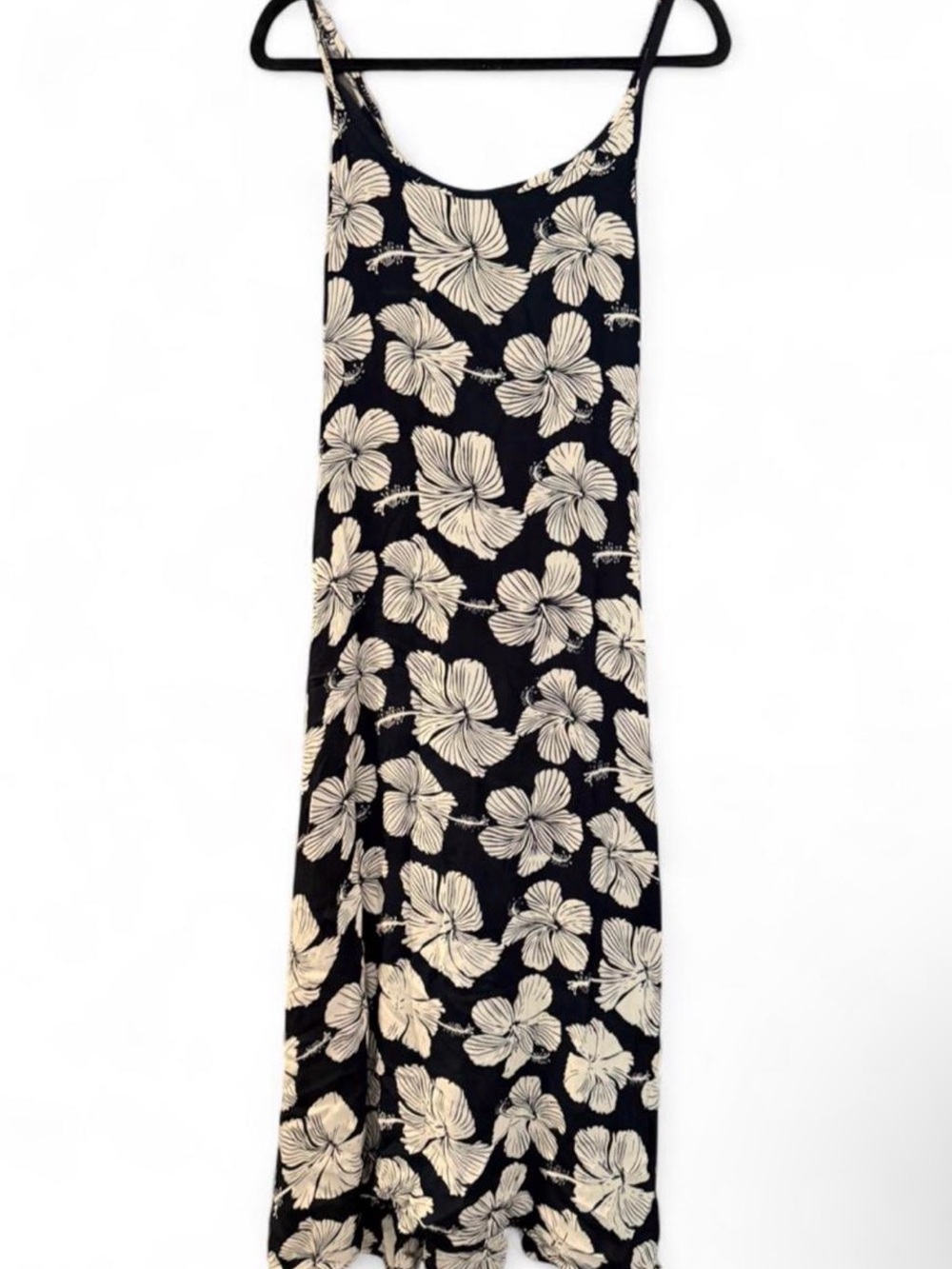 Black Floral Slip Dress with Cream Hibiscus Print